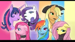 Size: 2560x1440 | Tagged: safe, artist:arareroll, derpibooru import, applejack, fluttershy, pinkie pie, rainbow dash, rarity, twilight sparkle, earth pony, pegasus, pony, unicorn, bedroom eyes, black lipstick, bust, choker, clothes, ear piercing, floppy ears, frown, goth, hat, lidded eyes, lipstick, looking at you, mane six, necklace, nose piercing, piercing, pinkamena diane pie, portrait, skull, smiling, smirk, spiked choker, sweater, turtleneck