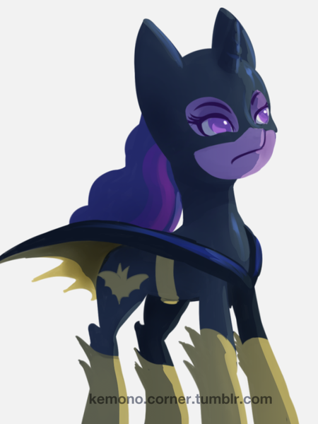 Size: 680x907 | Tagged: safe, artist:raikoh, derpibooru import, twilight sparkle, batgirl, batman the animated series, cape, clothes, crossover, mask, simple background, solo, superhero, vigilante, voice actor joke