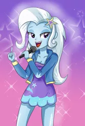 Size: 3061x4530 | Tagged: safe, artist:sumin6301, derpibooru import, trixie, equestria girls, absurd resolution, cleavage, clothes, cute, diatrixes, female, microphone, open mouth, singing, solo, stars