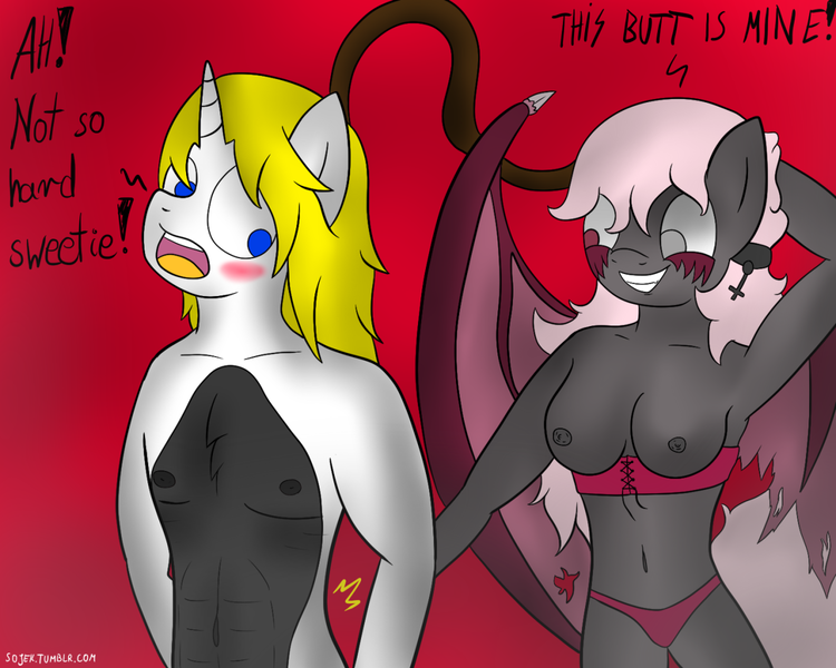 Size: 1280x1024 | Tagged: questionable, artist:sojek, derpibooru import, oc, oc:bakchus, oc:mingle, unofficial characters only, anthro, demon, succubus, unicorn, armpits, blushing, clothes, dialogue, female, male, mare, minchus, nipples, nudity, panties, slap, stallion, underwear, whip