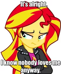 Size: 597x720 | Tagged: safe, derpibooru import, sunset shimmer, equestria girls, background pony strikes again, blatant lies, bronybait, image macro, meme, sad, self doubt, simple background, solo, sunsad shimmer, text edit, vector, white background