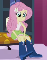 Size: 382x480 | Tagged: safe, derpibooru import, screencap, fluttershy, equestria girls, boots, clothes, high heel boots, skirt