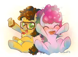 Size: 800x590 | Tagged: artist:howzih, cheese sandwich, colt, cute, derpibooru import, diacheeses, diapinkes, filly, glasses, happy, pinkie pie, safe, weapons-grade cute, younger