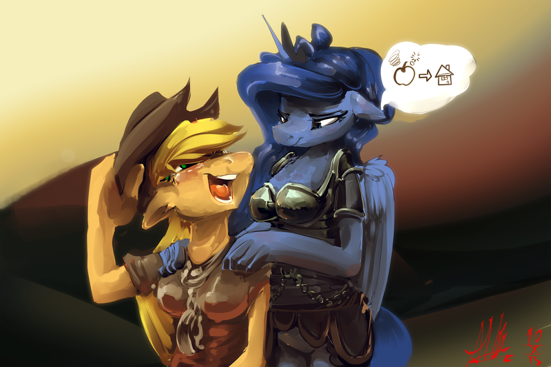 Size: 4500x3000 | Tagged: safe, artist:alumx, derpibooru import, applejack, princess luna, alicorn, anthro, earth pony, clothes, drunk, drunk aj, female, lesbian, lunajack, mare, shipping