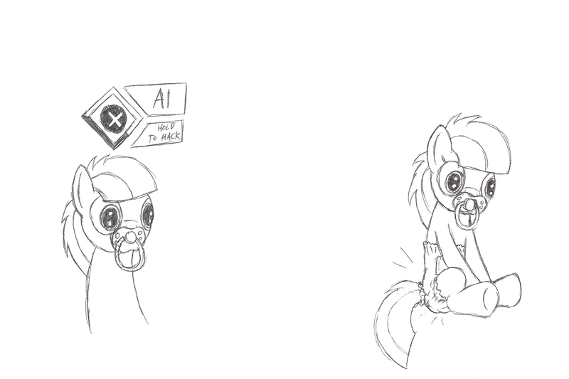 Size: 1500x1000 | Tagged: artist:datspaniard, derpibooru import, diaper, diaper fetish, hacked, long neck, messing, messy diaper, monochrome, oc, oc:logical heart, pacifier, poop, pooping, questionable, solo, traditional art, unofficial characters only, watch dogs