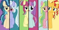 Size: 1024x526 | Tagged: safe, artist:luckyclau, derpibooru import, indigo zap, lemon zest, sour sweet, sugarcoat, sunny flare, sunset shimmer, ponified, earth pony, pegasus, pony, unicorn, equestria girls, friendship games, alternate mane six, equestria girls ponified, shadow five, what my cutie mark is telling me