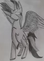 Size: 1845x2580 | Tagged: safe, artist:jonathan the awesome, derpibooru import, oc, oc:jona clay, unofficial characters only, alicorn, pony, alicorn oc, glowing eyes, monochrome, solo, traditional art, transformation, unshorn fetlocks, wings