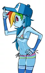 Size: 500x804 | Tagged: suggestive, artist:zukicure5gogo, derpibooru import, rainbow dash, equestria girls, armpits, belly button, bikini, breasts, clothes, delicious flat chest, female, gravity falls, hat, rainbow flat, simple background, solo, solo female, swimsuit, white background
