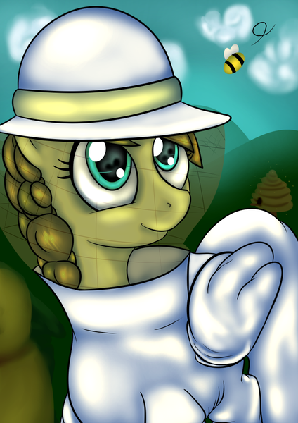 Size: 764x1080 | Tagged: artist:chrisgotjar, bee, beehive, beekeeper, clothes, derpibooru import, oc, oc:nemsee, safe, solo, suit, unofficial characters only
