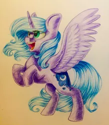 Size: 2422x2765 | Tagged: safe, artist:theorderofalisikus, derpibooru import, princess luna, cute, filly, pencil drawing, rearing, solo, spread wings, traditional art, woona