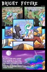 Size: 1500x2266 | Tagged: safe, artist:vavacung, derpibooru import, princess celestia, gryphon, comic:to love alicorn, comic, dialogue, hoofshake, implied diamond dog, implied dragon, implied minotaur, implied zebra, mare in the moon, moon, speech bubble