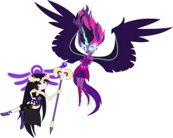 Size: 5639x4518 | Tagged: safe, artist:dashiemlpfim, artist:xebck, derpibooru import, sci-twi, twilight sparkle, equestria girls, friendship games, absurd resolution, bare shoulders, clothes, commission, crossed arms, crossover, dark side, dress, duo, equestria girls style, equestria girls-ified, evil, fingerless gloves, gloves, horn, kid icarus, midnight sparkle, necklace, palutena, simple background, sleeveless, staff, strapless, transparent background, vector, wings