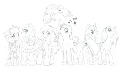 Size: 7000x4000 | Tagged: safe, artist:daisy, derpibooru import, oc, oc:beta test, oc:fairy tale, oc:fresh crash, oc:hime cut, oc:quelanna cali, oc:riffle shuffle, unofficial characters only, bird, earth pony, parrot, pegasus, pony, raven (bird), unicorn, boots, bow (weapon), cape, clothes, ear fluff, group shot, knife, magic, monochrome, pool chalk, pool cue, rpg, telekinesis, traditional art