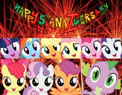 Size: 1440x1116 | Tagged: anniversary, apple bloom, applejack, artist:drpancakees, artist:erisgrim, artist:thatguy1945, cute, cutie mark crusaders, derpibooru import, fireworks, fluttershy, happy birthday mlp:fim, hi anon, mane seven, mane six, meme, mlp fim's fifth anniversary, pinkie pie, rainbow dash, rarity, safe, scootaloo, spike, sweetie belle, twilight sparkle