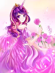 Size: 900x1200 | Tagged: artist:leab-lb, clothes, derpibooru import, dress, flower, horned humanization, human, humanized, pixiv, princess cadance, rose, safe, solo, winged humanization