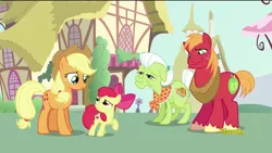 Size: 1920x1080 | Tagged: safe, derpibooru import, screencap, apple bloom, applejack, big macintosh, granny smith, earth pony, pony, crusaders of the lost mark, apple bloom's bow, apple family, applejack's hat, bow, cowboy hat, crying, crying on the outside, family, feels, female, filly, foal, hair bow, hat, liquid pride, male, mane bow, mare, quartet, raised hoof, stallion, the cmc's cutie marks, wavy mouth