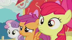 Size: 500x281 | Tagged: animated, apple bloom, backwards cutie mark, crusaders of the lost mark, cutie mark crusaders, derpibooru import, discovery family, discovery family logo, happy, it happened, safe, scootaloo, screencap, sweetie belle, the cmc's cutie marks