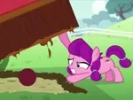 Size: 575x435 | Tagged: safe, derpibooru import, screencap, lily longsocks, earth pony, pony, crusaders of the lost mark, ball, cropped, filly, foal, lifting, strength, stronk, super strength