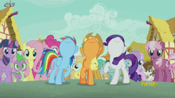 Size: 500x281 | Tagged: safe, derpibooru import, screencap, applejack, cheerilee, diamond tiara, first base, fluttershy, peach fuzz, pinkie pie, pipsqueak, rainbow dash, rarity, snails, snips, spike, twilight sparkle, twilight sparkle (alicorn), alicorn, earth pony, pony, crusaders of the lost mark, animated, colt, discovery family, discovery family logo, female, gritted teeth, incoming, looking at you, male, mane seven, mane six, mare, nose in the air, noses in the air, raised hoof, raised hooves, singing, sisters, volumetric mouth, we'll make our mark