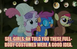 Size: 703x448 | Tagged: apple bloom, clothes, costume, crusaders of the lost mark, cutie mark crusaders, derpibooru import, hilarious in hindsight, image macro, marie antoinette, meme, meta, platypus, safe, scare master, scootaloo, screencap, sweetie belle, wonderbolts uniform