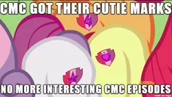 Size: 610x343 | Tagged: safe, derpibooru import, edit, edited screencap, screencap, apple bloom, scootaloo, sweetie belle, earth pony, pegasus, pony, unicorn, crusaders of the lost mark, butt bump, butt to butt, butt touch, caption, cutie mark, cutie mark crusaders, cutie mark drama, drama bait, female, filly, image macro, meme, the cmc's cutie marks