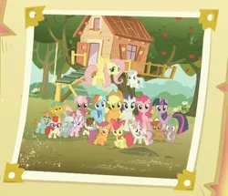Size: 1068x917 | Tagged: safe, derpibooru import, screencap, apple bloom, applejack, button mash, cheerilee, cotton cloudy, diamond tiara, fluttershy, pinkie pie, pipsqueak, rainbow dash, rarity, scootaloo, silver spoon, snails, snips, spike, sweetie belle, twilight sparkle, twilight sparkle (alicorn), twist, alicorn, earth pony, pony, crusaders of the lost mark, clubhouse, colt, crusaders clubhouse, cutie mark crusaders, female, filly, friendship report, group photo, liquid button, male, mane seven, mane six, mare, the cmc's cutie marks