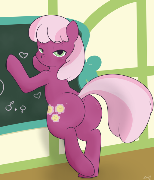 Size: 1700x1992 | Tagged: suggestive, artist:zoarity, derpibooru import, cheerilee, earth pony, pony, against wall, bedroom eyes, bipedal, bipedal leaning, chalkboard, classroom, dock, female, flowerbutt, heart, leaning, looking at you, looking back, looking back at you, mare, plot, smiling, solo, solo female, sultry pose, the ass was fat