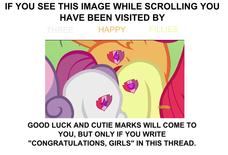 Size: 879x598 | Tagged: apple bloom, arial, comment bait, crusaders of the lost mark, cutie mark crusaders, derpibooru import, if you see this image while scrolling, image macro, meme, safe, scootaloo, sweetie belle