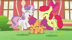 Size: 1920x1080 | Tagged: adorabloom, animated, apple bloom, backwards cutie mark, crusaders of the lost mark, cute, cutealoo, cutie mark crusaders, derpibooru import, diasweetes, eyes closed, good end, happy, happy ending, it happened, jumping, open mouth, pronking, safe, scootaloo, screencap, smiling, sweetie belle, the cmc's cutie marks