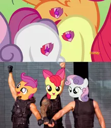 Size: 960x1100 | Tagged: apple bloom, crusaders of the lost mark, cutie mark, cutie mark crusaders, dean ambrose, derpibooru import, edit, parody, pro wrestling, roman reigns, safe, scootaloo, screencap, seth rollins, sweetie belle, the cmc's cutie marks, the shield, trio, wwe