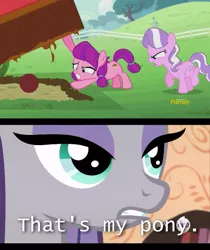Size: 497x591 | Tagged: safe, derpibooru import, edit, edited screencap, screencap, diamond tiara, lily longsocks, maud pie, earth pony, pony, crusaders of the lost mark, ball, discovery family, discovery family logo, female, filly, foal, lifting, mare, meme, pony that's my pony, strength, super strength, that's my pony, that's my x