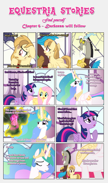 Size: 1919x3245 | Tagged: safe, artist:estories, derpibooru import, discord, fluttershy, princess celestia, twilight sparkle, twilight sparkle (alicorn), oc, oc:alice goldenfeather, alicorn, pony, comic:find yourself, comic, female, mare