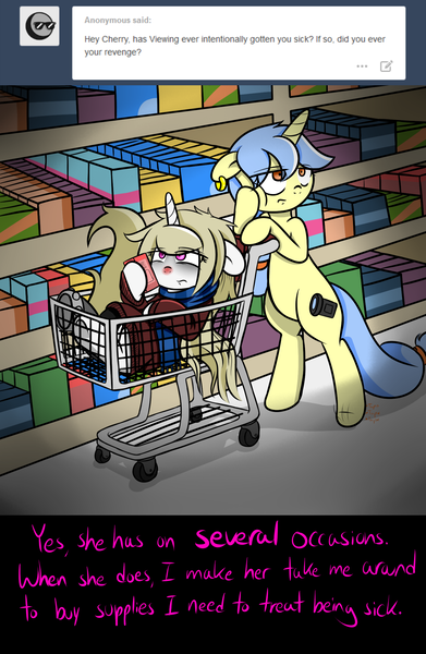 Size: 1500x2300 | Tagged: artist:fullmetalpikmin, ask, bored, clothes, cold, congenital amputee, derpibooru import, medicine, oc, oc:cherry blossom, oc:viewing pleasure, safe, scarf, shopping cart, sick, tumblr, tumblr:ask viewing pleasure, unofficial characters only