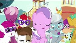 Size: 480x270 | Tagged: safe, derpibooru import, screencap, cheerilee, diamond tiara, first base, lily longsocks, little red, peach fuzz, pipsqueak, silver spoon, snails, snips, super funk, twist, earth pony, pony, crusaders of the lost mark, animated, animation error, colt, discovery family logo, great moments in animation, male