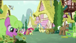Size: 480x270 | Tagged: safe, derpibooru import, screencap, apple bloom, cheerilee, daisy, derpy hooves, flower wishes, goldengrape, little red, mochaccino, peach fuzz, rare find, scootaloo, sir colton vines iii, snails, snips, sweetie belle, twist, pegasus, pony, unicorn, crusaders of the lost mark, animated, colt, cutie mark crusaders, discovery family logo, female, mailmare, male, mare, mouth hold, smiling