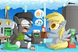 Size: 1200x800 | Tagged: safe, artist:berrypawnch, derpibooru import, derpy hooves, oc, pegasus, pony, beret, clothes, cute, derpabetes, duo, fireworks, hammer, oscilloscope, pictogram, screwdriver, tape, vest, wrench