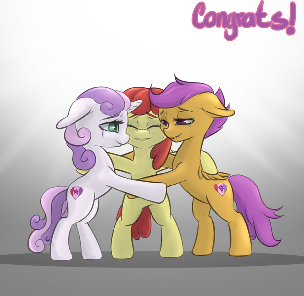 Size: 2052x2000 | Tagged: safe, artist:novaquinmat, derpibooru import, apple bloom, scootaloo, sweetie belle, earth pony, pegasus, pony, unicorn, crusaders of the lost mark, backwards cutie mark, bipedal, crying, cutie mark crusaders, eyes closed, female, filly, hug, smiling, tears of joy, the cmc's cutie marks