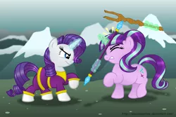 Size: 1024x683 | Tagged: safe, artist:aleximusprime, derpibooru import, rarity, starlight glimmer, pony, unicorn, bonk, chouriki sentai ohranger, clothes, commission, crossover, female, power rangers, power rangers zeo, purple ranger, s5 starlight, staff, staff of sameness, super sentai