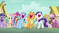 Size: 850x478 | Tagged: safe, derpibooru import, screencap, applejack, cheerilee, diamond tiara, fluttershy, peach fuzz, pinkie pie, pipsqueak, rainbow dash, rarity, silver spoon, snails, snips, spike, twilight sparkle, twilight sparkle (alicorn), alicorn, earth pony, pony, crusaders of the lost mark, colt, female, male, mane seven, mane six, mare, open mouth, ponyville, raised hoof, singing, volumetric mouth