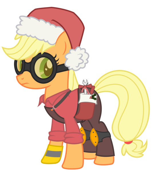 Size: 2500x2715 | Tagged: applejack, artist:avastindy, christmas, derpibooru import, engineer, hat, safe, santa hat, simple background, solo, team fortress 2, transparent background