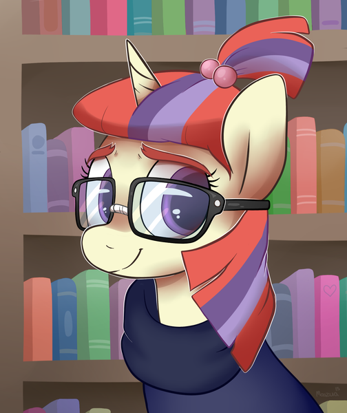 Size: 1589x1891 | Tagged: dead source, safe, artist:moozua, derpibooru import, moondancer, pony, unicorn, bust, colored pupils, cute, female, glasses, mare, moe, portrait, smiling, solo