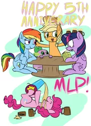 Size: 2466x3400 | Tagged: safe, artist:porkboy, derpibooru import, applejack, pinkie pie, rainbow dash, spike, twilight sparkle, twilight sparkle (alicorn), alicorn, pony, /mlp/, alcohol, anniversary, book, female, happy birthday mlp:fim, mare, mlp fim's fifth anniversary, party cannon, reading, vulgar