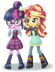 Size: 640x830 | Tagged: safe, artist:ta-na, derpibooru import, sci-twi, sunset shimmer, twilight sparkle, equestria girls, friendship games, blushing, boots, chibi, clothes, crystal prep academy, crystal prep academy uniform, crystal prep shadowbolts, cute, daaaaaaaaaaaw, duo, female, glasses, hnnng, leather jacket, mini, open mouth, pleated skirt, pony ears, school uniform, shimmerbetes, simple background, skirt, twiabetes, white background