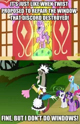 Size: 909x1400 | Tagged: safe, derpibooru import, edit, edited screencap, screencap, diamond tiara, discord, pinkie pie, rainbow dash, rarity, twilight sparkle, twilight sparkle (alicorn), alicorn, draconequus, pony, crusaders of the lost mark, princess twilight sparkle (episode), continuity, cropped, crossdressing, diamond tiara's window, female, hilarious in hindsight, image macro, impact font, maid discord, male, mare, meme, stained glass, window