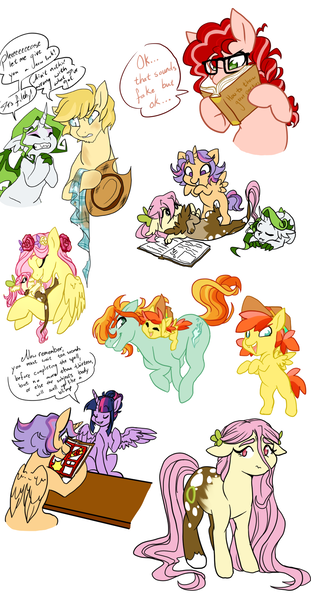 Size: 849x1639 | Tagged: safe, artist:skitea, derpibooru import, twilight sparkle, twilight sparkle (alicorn), oc, oc:andromeda, oc:apple butter, oc:cherry pie, oc:entrophy, oc:honeycrisp, oc:tanzanite, oc:zap apple, alicorn, dracony, hybrid, pony, dialogue, female, floppy ears, interspecies offspring, mama twilight, mare, offspring, parent:braeburn, parent:cheese sandwich, parent:discord, parent:flash sentry, parent:fluttershy, parent:pinkie pie, parent:rainbow dash, parent:rarity, parent:spike, parent:twilight sparkle, parents:braedash, parents:cheesepie, parents:discoshy, parents:flashlight, parents:sparity