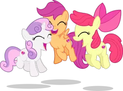 Size: 4500x3337 | Tagged: absurd resolution, apple bloom, artist:xebck, crusaders of the lost mark, cutie mark, cutie mark crusaders, derpibooru import, eyes closed, group, it happened, jumping, open mouth, safe, scootaloo, simple background, .svg available, sweetie belle, the cmc's cutie marks, transparent background, trio, vector