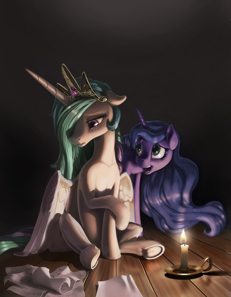 Size: 3690x4750 | Tagged: safe, artist:nadnerbd, derpibooru import, princess celestia, princess luna, alicorn, pony, absurd resolution, candle, crossed legs, crying, dark, duo, female, floppy ears, frown, gradient background, gray background, hair over one eye, lidded eyes, looking away, looking down, mare, missing accessory, open mouth, paper, royal sisters, sad, sadlestia, scroll, simple background, sitting, smiling, underhoof, wavy mouth, worried