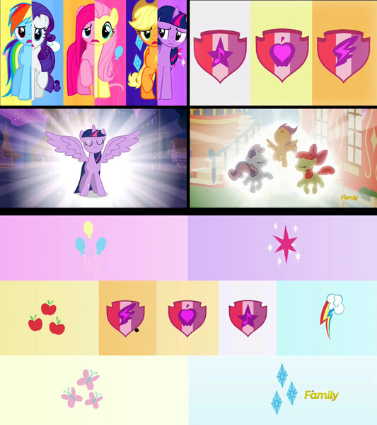 Size: 1024x1152 | Tagged: safe, derpibooru import, edit, edited screencap, screencap, apple bloom, applejack, fluttershy, pinkie pie, rainbow dash, rarity, scootaloo, sweetie belle, twilight sparkle, twilight sparkle (alicorn), alicorn, pony, crusaders of the lost mark, magical mystery cure, comparison, cutie mark, cutie mark crusaders, discovery family logo, female, mane six, mare, the cmc's cutie marks, what my cutie mark is telling me