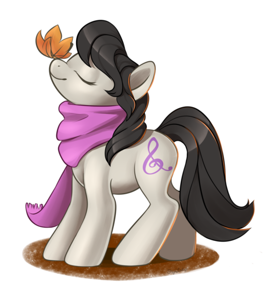 Size: 1024x1165 | Tagged: artist:styxlady, backwards cutie mark, clothes, derpibooru import, eyes closed, leaf, octavia melody, safe, scarf, simple background, smiling, solo, transparent background