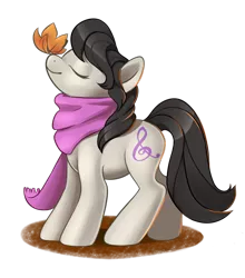 Size: 1024x1165 | Tagged: artist:styxlady, backwards cutie mark, clothes, derpibooru import, eyes closed, leaf, octavia melody, safe, scarf, simple background, smiling, solo, transparent background